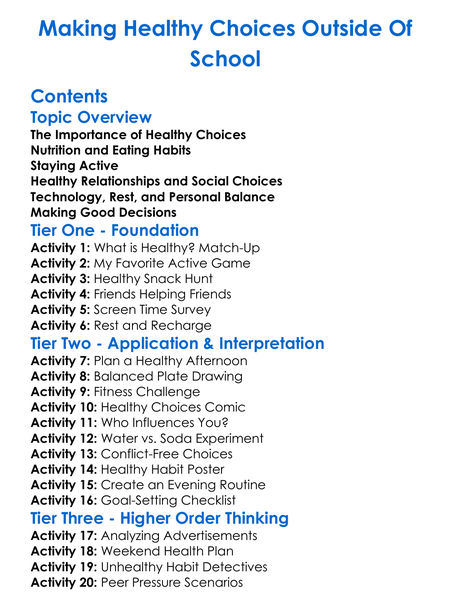 Making Healthy Choices Outside Of School Worksheet Activity Booklet