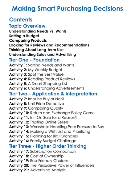 Making Smart Purchasing Decisions Worksheet Activity Booklet