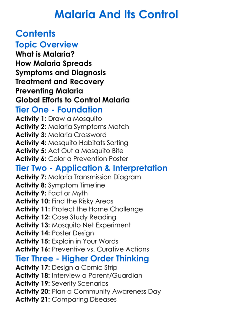 Malaria And Its Control Worksheet Activity Booklet