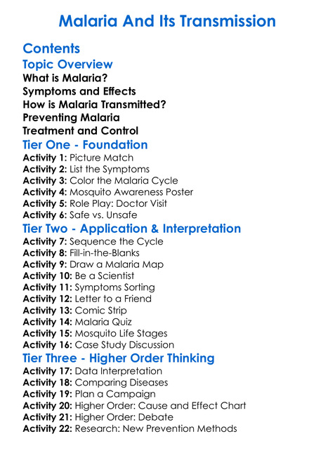Malaria And Its Transmission Worksheet Activity Booklet