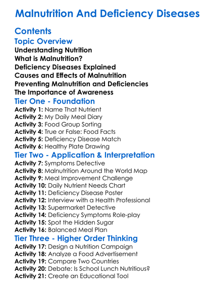 Malnutrition And Deficiency Diseases Worksheet Activity Booklet