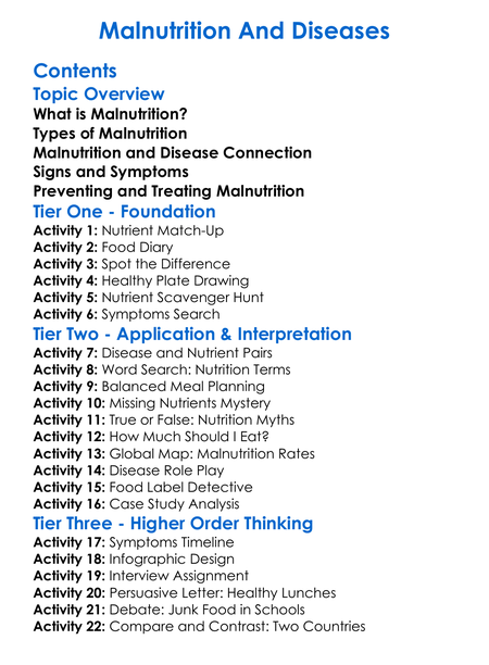 Malnutrition And Diseases Worksheet Activity Booklet