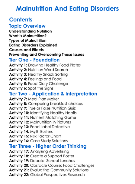 Malnutrition And Eating Disorders Worksheet Activity Booklet