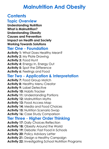 Malnutrition And Obesity Worksheet Activity Booklet