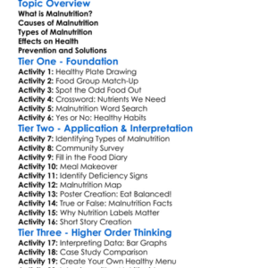 Malnutrition Worksheet Activity Booklet