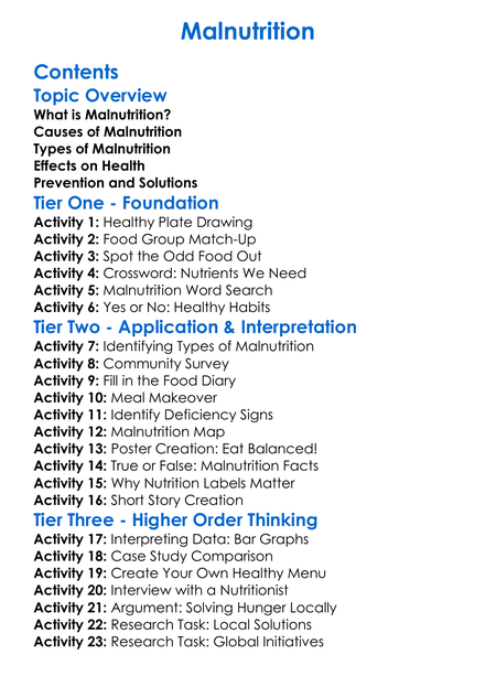 Malnutrition Worksheet Activity Booklet
