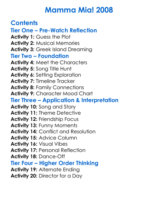 Mamma Mia 2008 Worksheet Activity Booklet