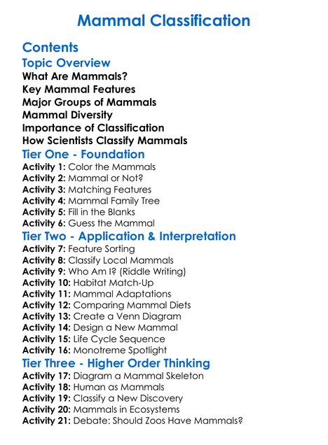 Mammal Classification Worksheet Activity Booklet