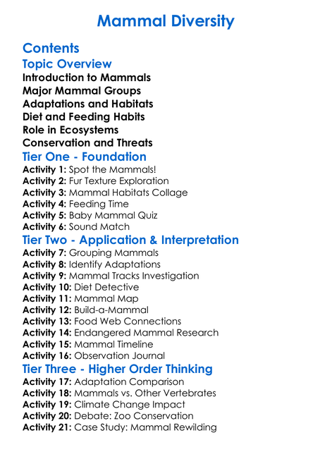 Mammal Diversity Worksheet Activity Booklet