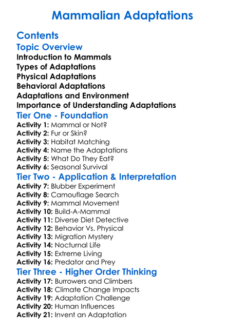 Mammalian Adaptations Worksheet Activity Booklet