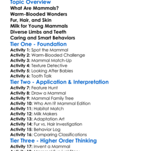 Mammalian Characteristics Worksheet Activity Booklet