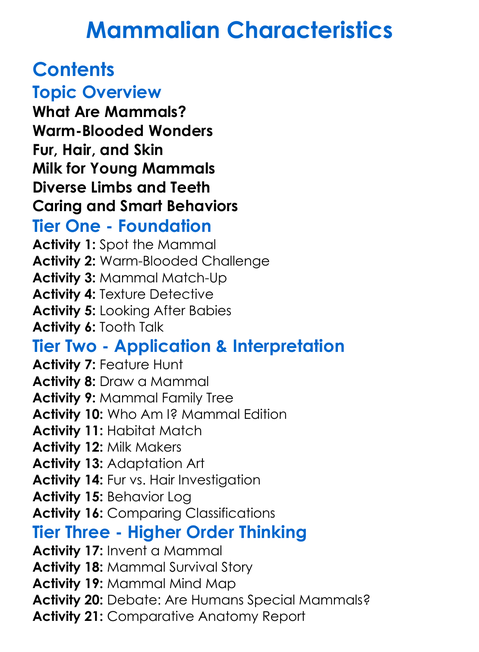 Mammalian Characteristics Worksheet Activity Booklet
