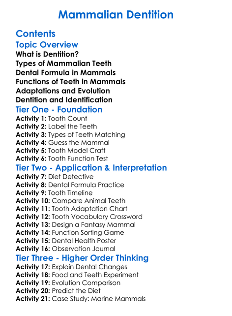 Mammalian Dentition Worksheet Activity Booklet