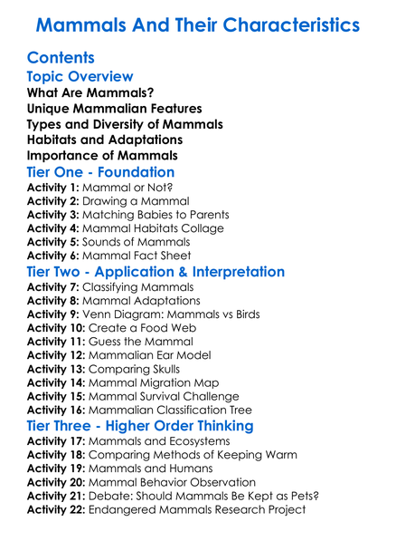 Mammals And Their Characteristics Worksheet Activity Booklet