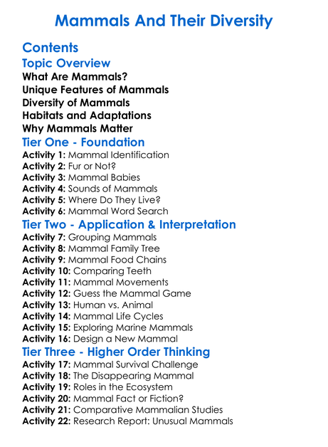 Mammals And Their Diversity Worksheet Activity Booklet