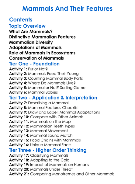 Mammals And Their Features Worksheet Activity Booklet