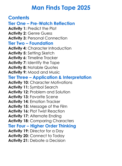 Man Finds Tape 2025 Worksheet Activity Booklet