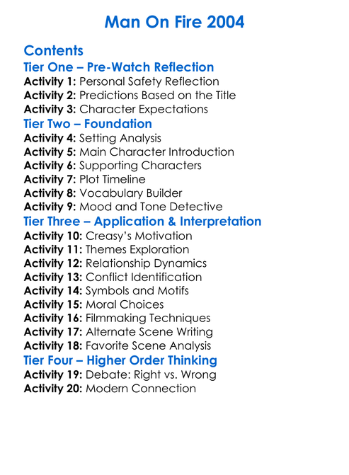 Man On Fire 2004 Worksheet Activity Booklet
