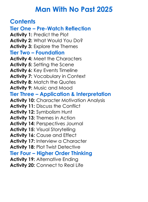 Man With No Past 2025 Worksheet Activity Booklet