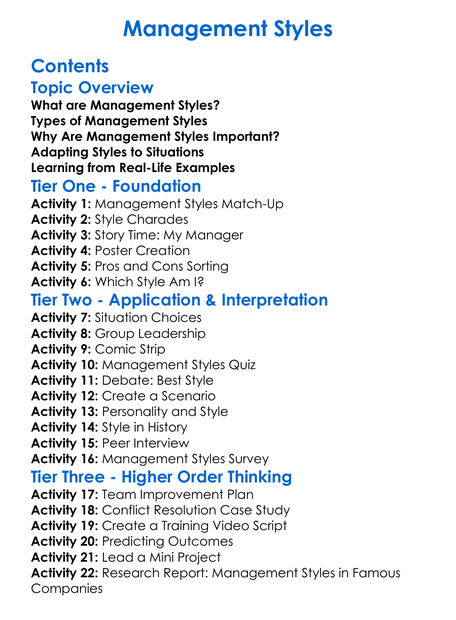 Management Styles Worksheet Activity Booklet