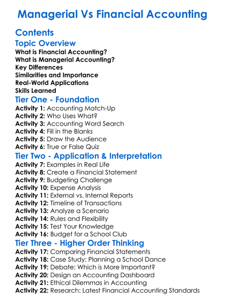 Managerial Vs Financial Accounting Worksheet Activity Booklet