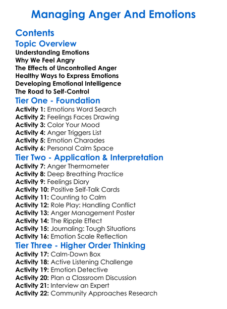 Managing Anger And Emotions Worksheet Activity Booklet