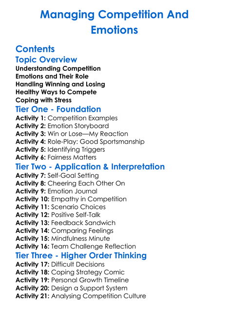 Managing Competition And Emotions Worksheet Activity Booklet
