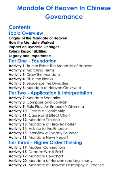 Mandate Of Heaven In Chinese Governance Worksheet Activity Booklet
