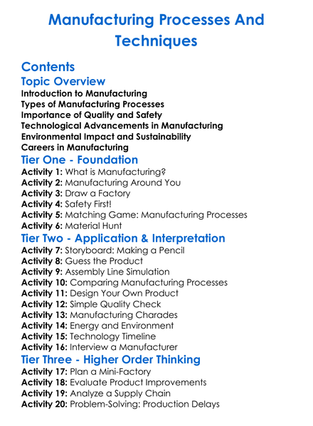 Manufacturing Processes And Techniques Worksheet Activity Booklet