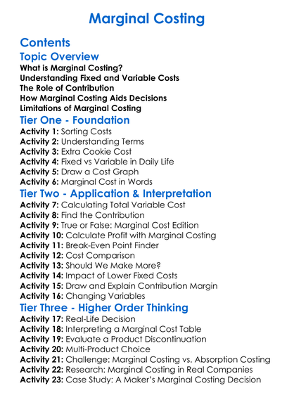 Marginal Costing Worksheet Activity Booklet