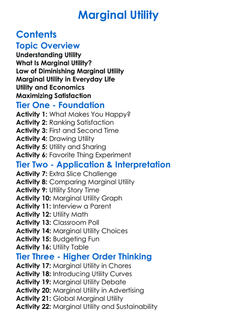 Marginal Utility Worksheet Activity Booklet
