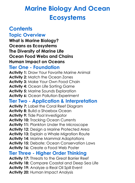 Marine Biology And Ocean Ecosystems Worksheet Activity Booklet
