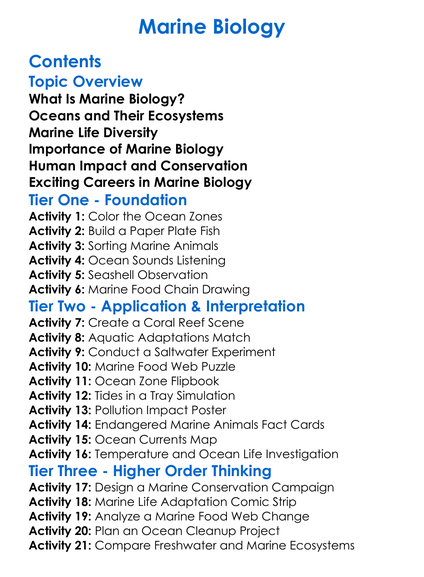 Marine Biology Worksheet Activity Booklet