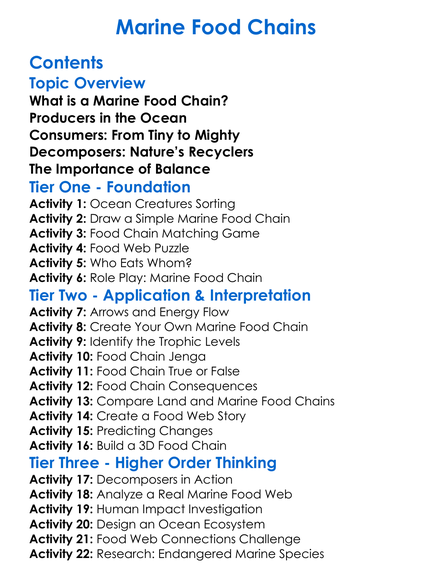 Marine Food Chains Worksheet Activity Booklet