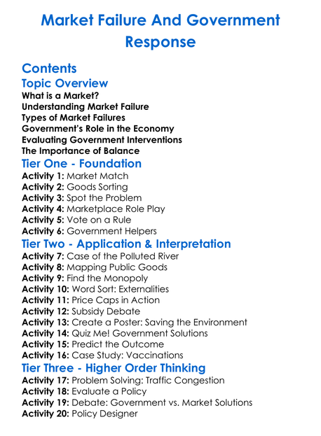 Market Failure And Government Response Worksheet Activity Booklet