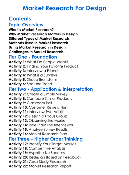 Market Research For Design Worksheet Activity Booklet