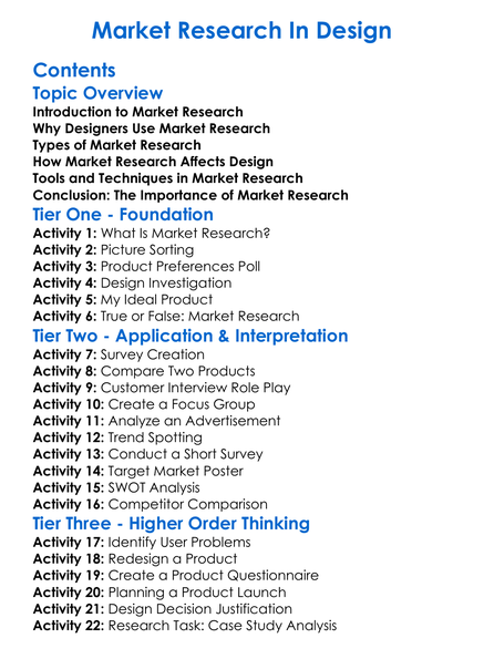 Market Research In Design Worksheet Activity Booklet