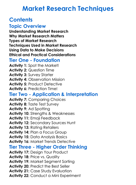 Market Research Techniques Worksheet Activity Booklet