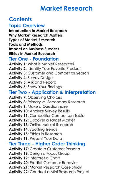 Market Research Worksheet Activity Booklet