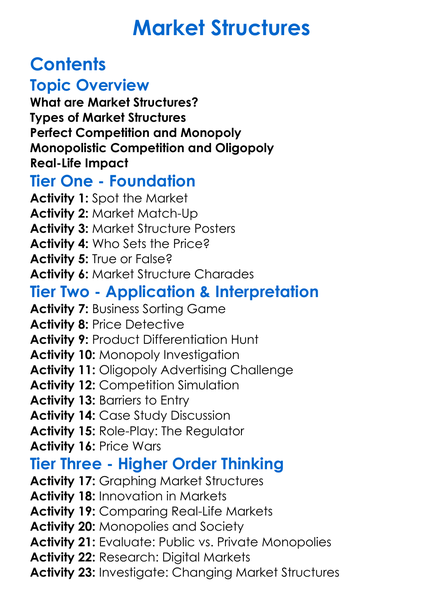 Market Structures Worksheet Activity Booklet