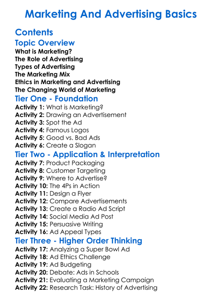 Marketing And Advertising Basics Worksheet Activity Booklet