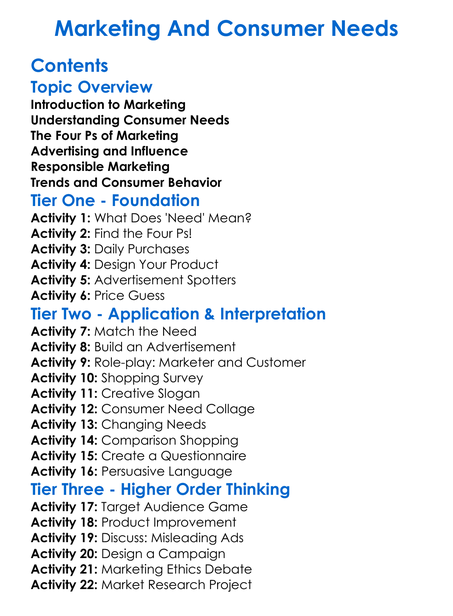 Marketing And Consumer Needs Worksheet Activity Booklet