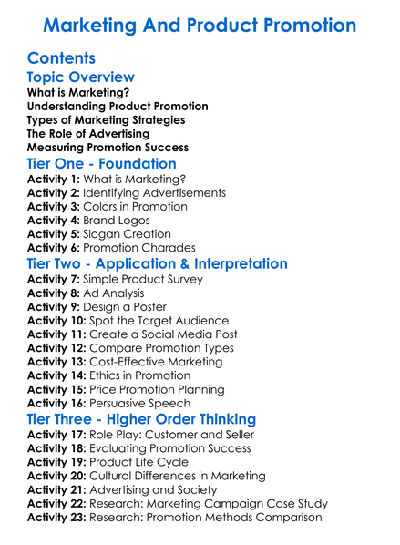 Marketing And Product Promotion Worksheet Activity Booklet