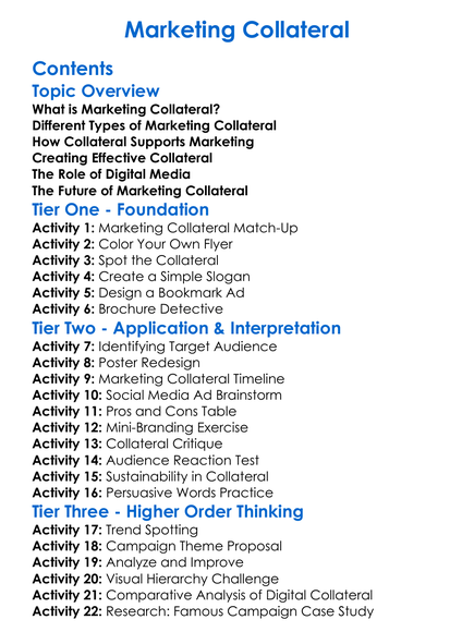 Marketing Collateral Worksheet Activity Booklet