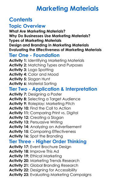 Marketing Materials Worksheet Activity Booklet