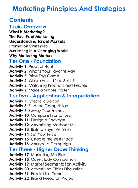 Marketing Principles And Strategies Worksheet Activity Booklet