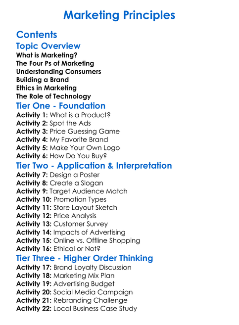 Marketing Principles Worksheet Activity Booklet