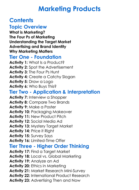 Marketing Products Worksheet Activity Booklet