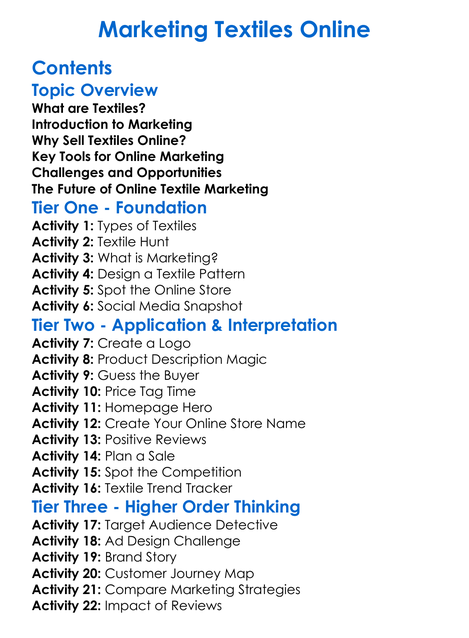 Marketing Textiles Online Worksheet Activity Booklet