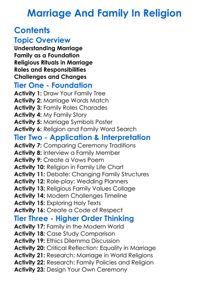 Marriage And Family In Religion Worksheet Activity Booklet